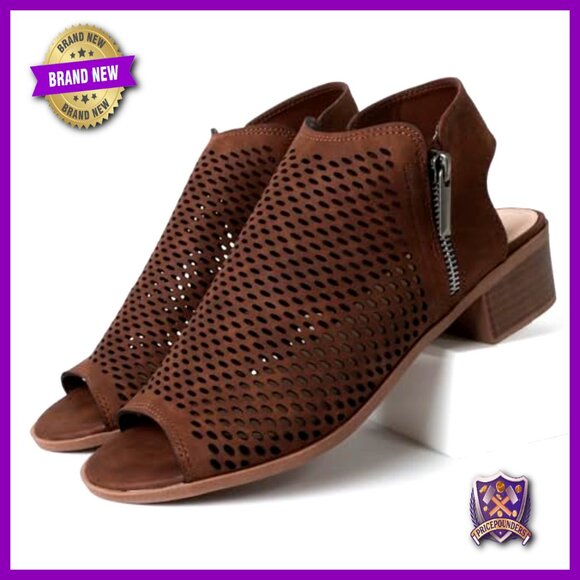 Peep Toe Low Block Heel Booties Vegan Leather Side Zipper
